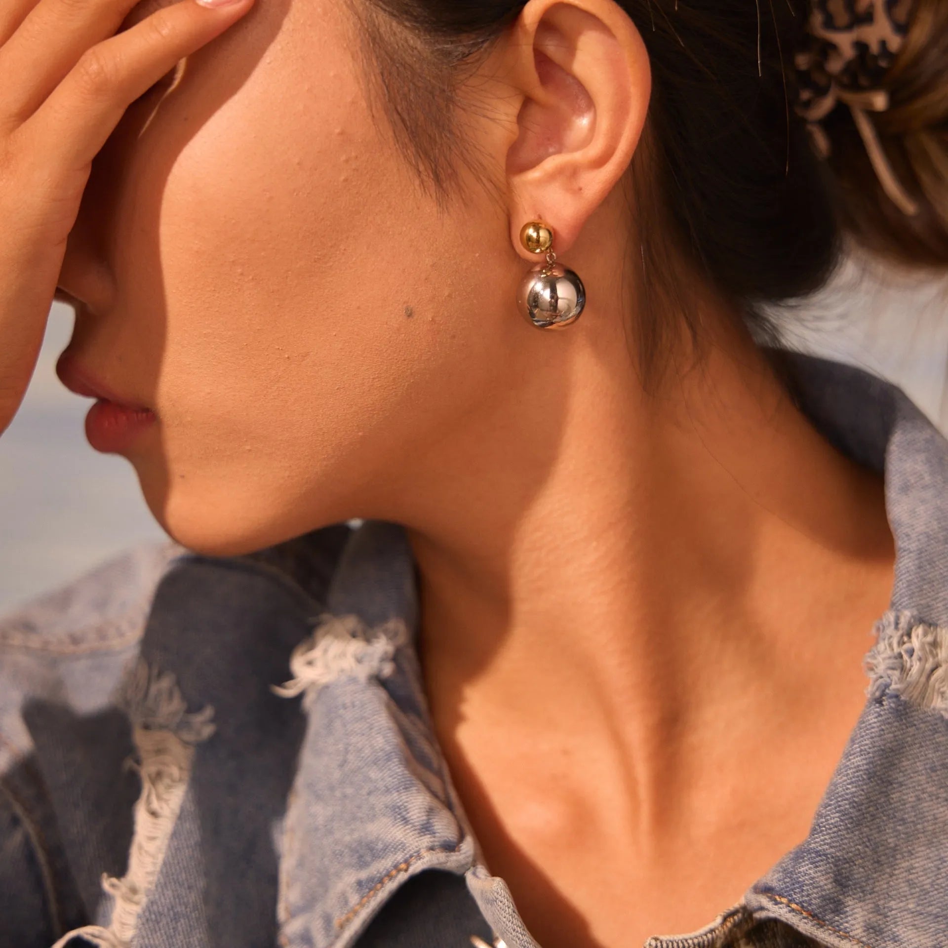 Stainless steel 18K gold electroplated colour-block round bead stud earrings geometric design