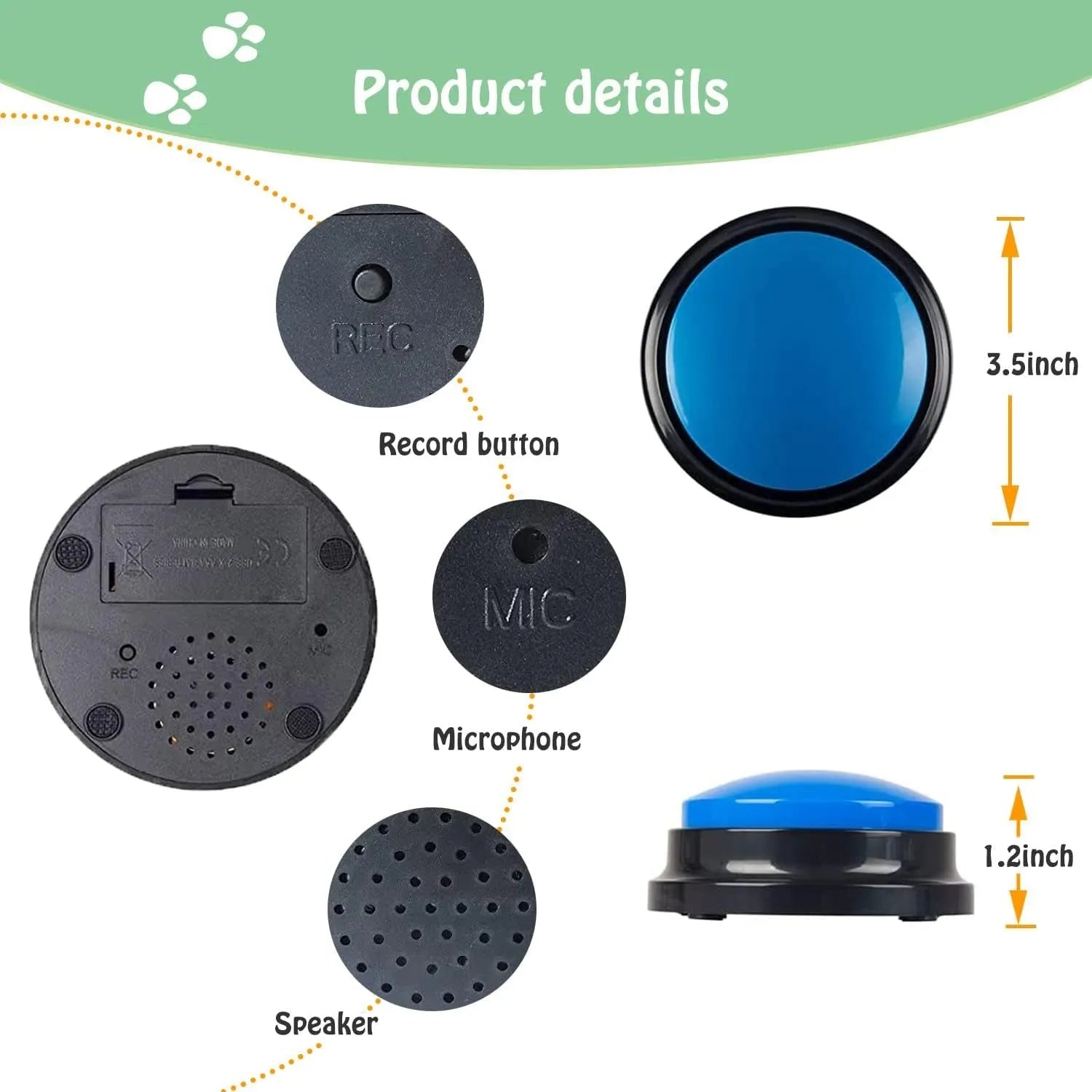 Voice recording pet training button in blue, green, orange, purple, or red with record and playback buttons