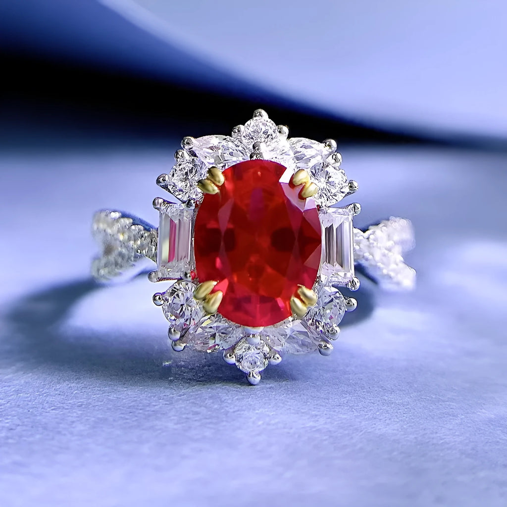 Silver oval pigeon egg surround setting ring for women, red electroplated, camellia detail, sizes No 5-9