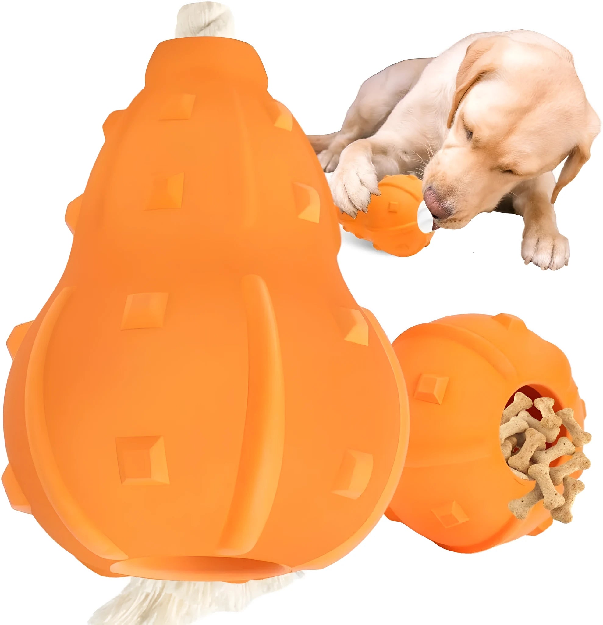 Natural rubber stuffable dog toy for small medium breeds with longer strap for fetch and tug