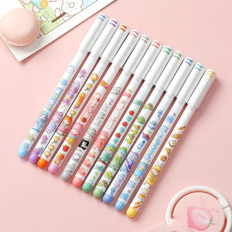 Twelve-colour gel pen set with cartoon-style plastic bodies and fine 0.5mm tips for hand account and office use.