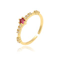 Women's copper micro-inlaid petal ring with adjustable opening in rose pink and green colours