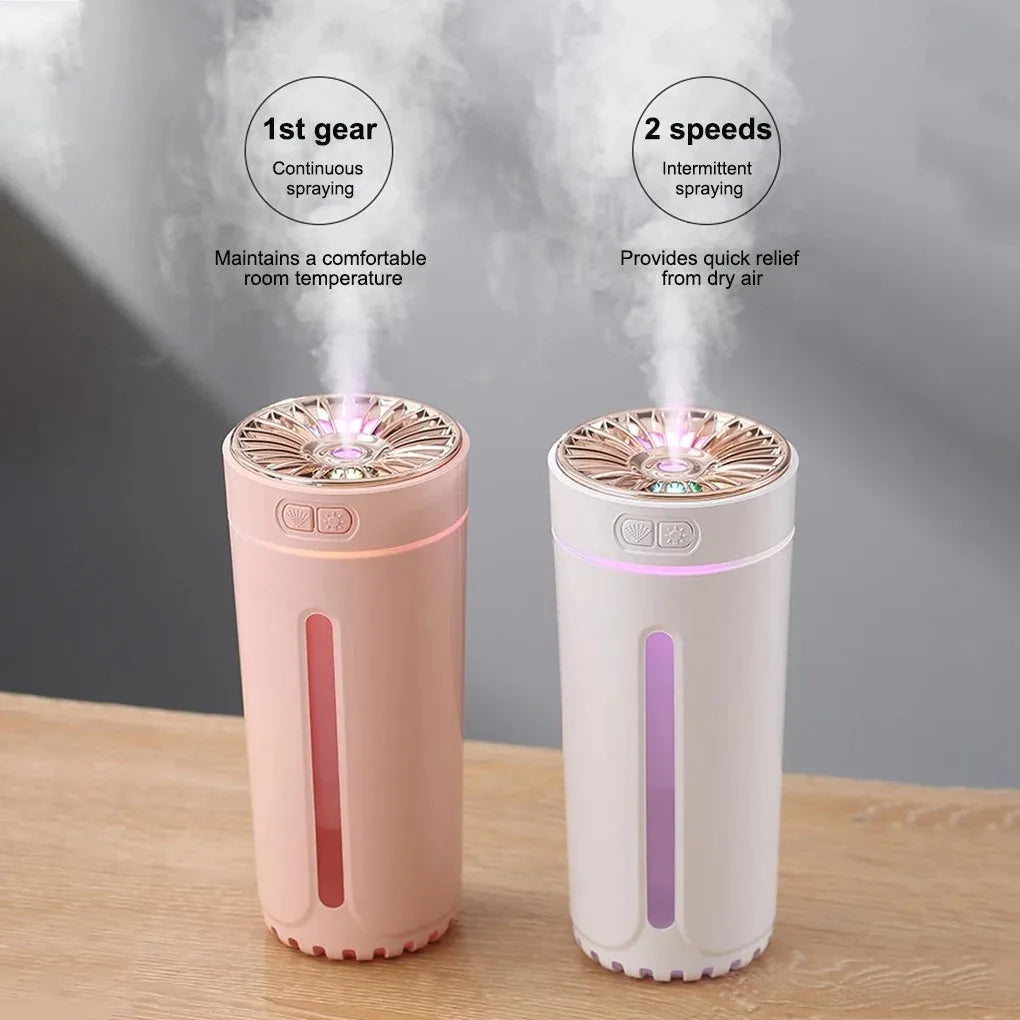 Black and white portable USB rechargeable humidifier with colourful lights for car and desktop use.