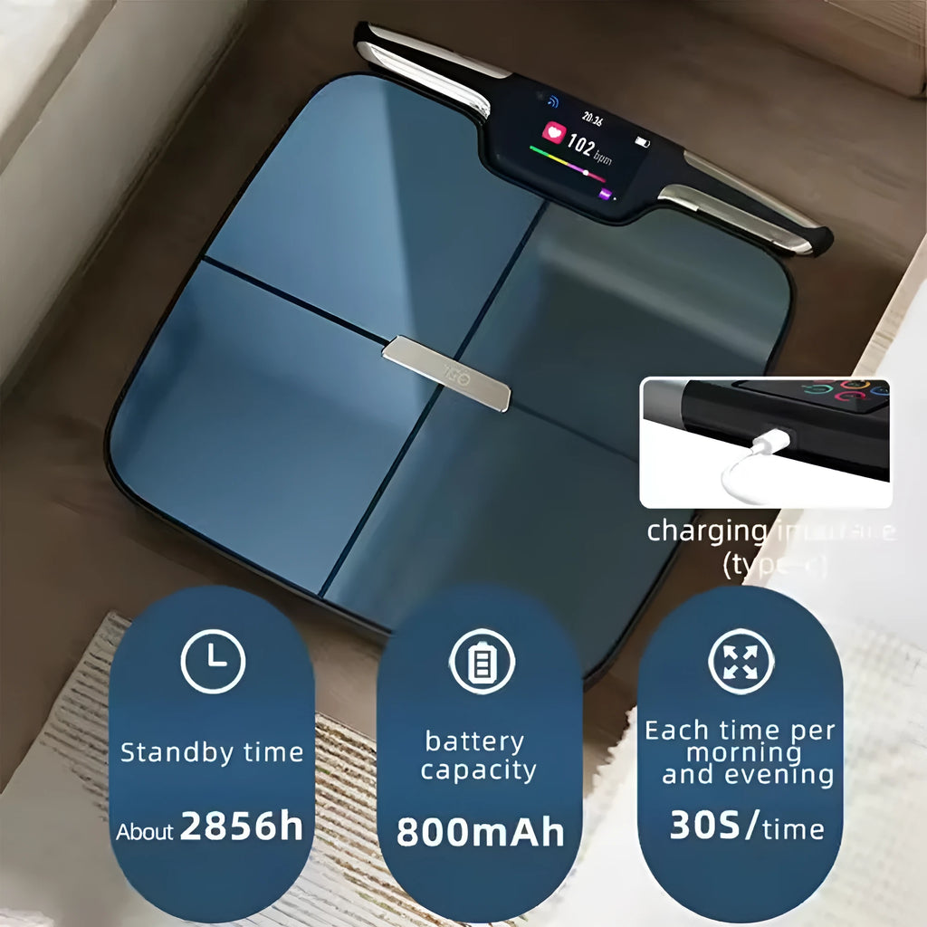 Black eight-electrode body fat scale on a floor, showing a simple rectangular design.