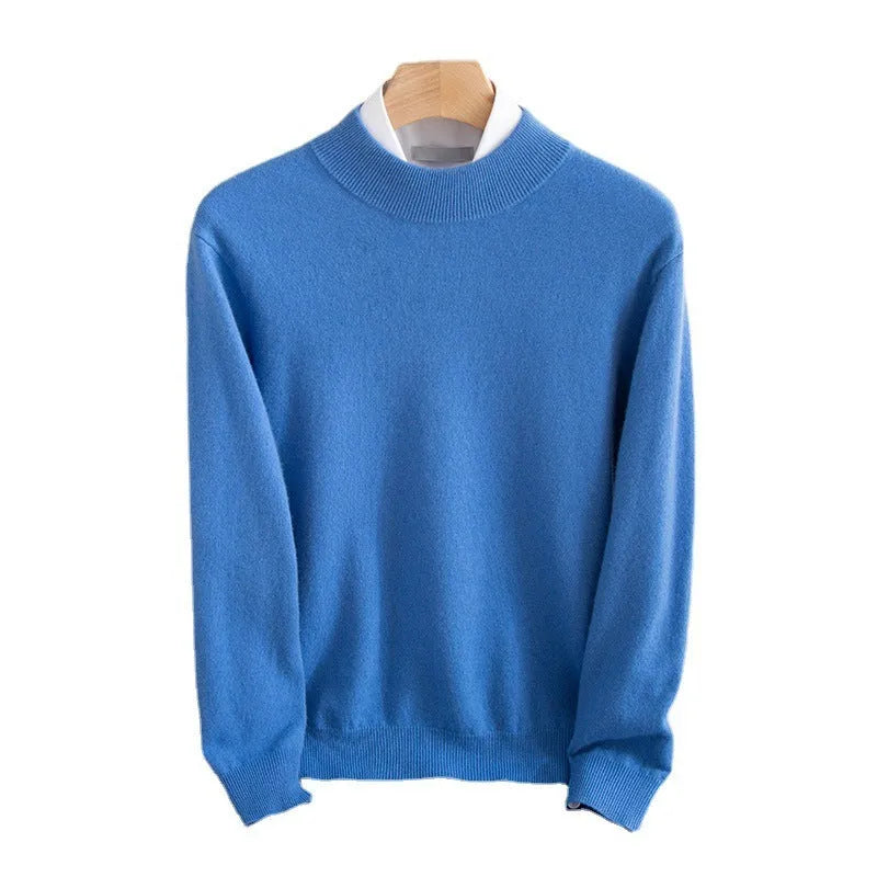 Men's half-collar loose-fit wool sweater in a light business style, shown in a range of colours.