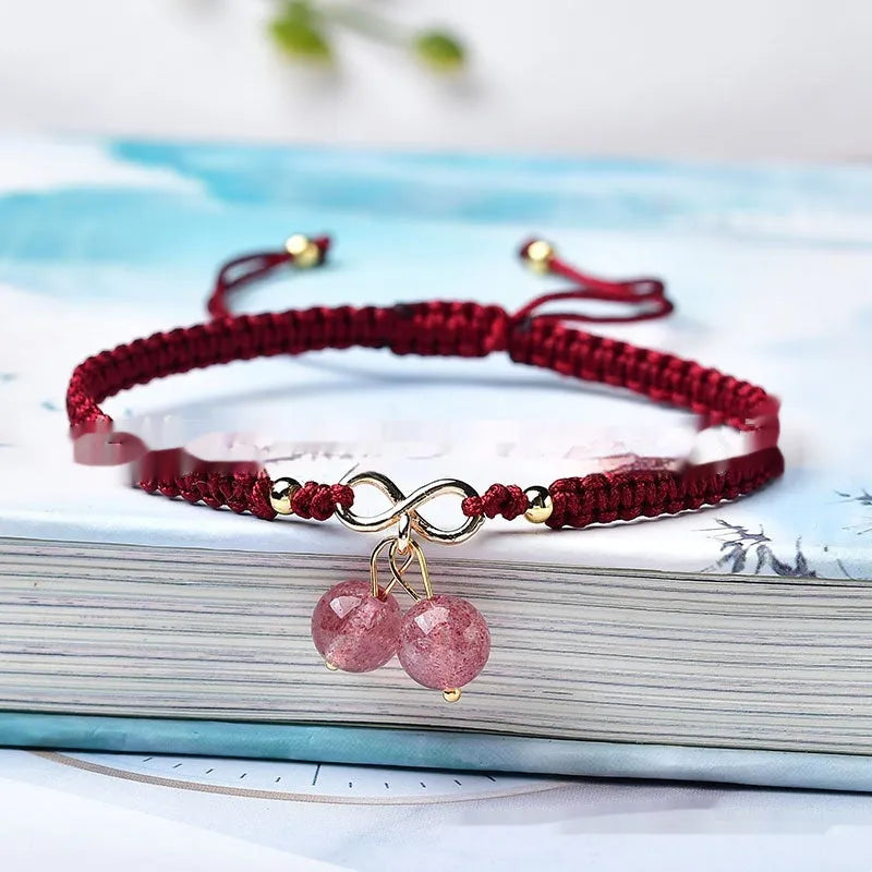 Women's adjustable natural strawberry quartz cherry bracelet with crystal beads and silver-tone magnetic clasp.
