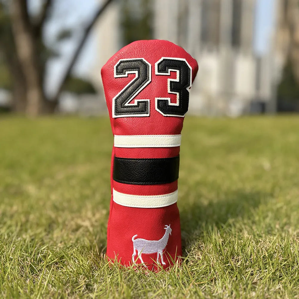 Ram No 1 golf club headcover set showing red, black, white, and yellow PU iron covers and a square putter sleeve.