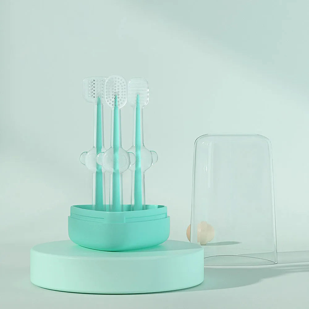 Soft silicone pet toothbrush for dogs and cats in purple, blue, and green colour options.
