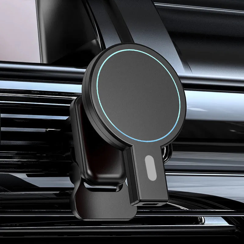 Black magnetic wireless phone charger with adjustable stand showing 85mm compact dimensions