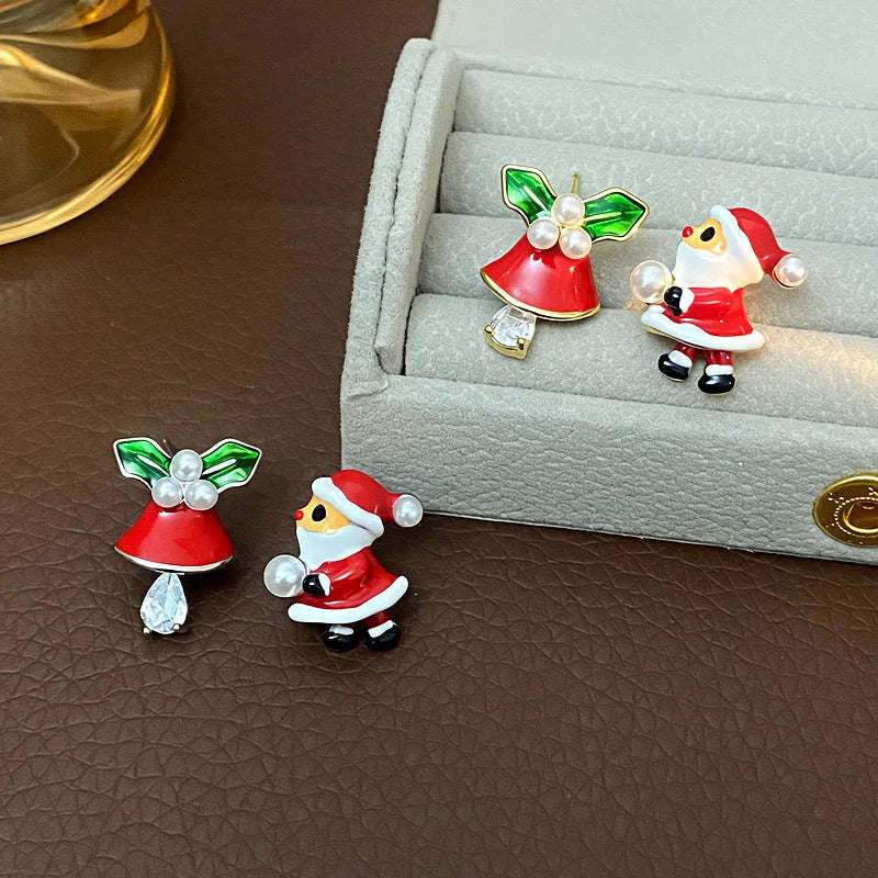 Pair of copper Christmas earrings with gold plating, cartoon Santa figure and jingling bell