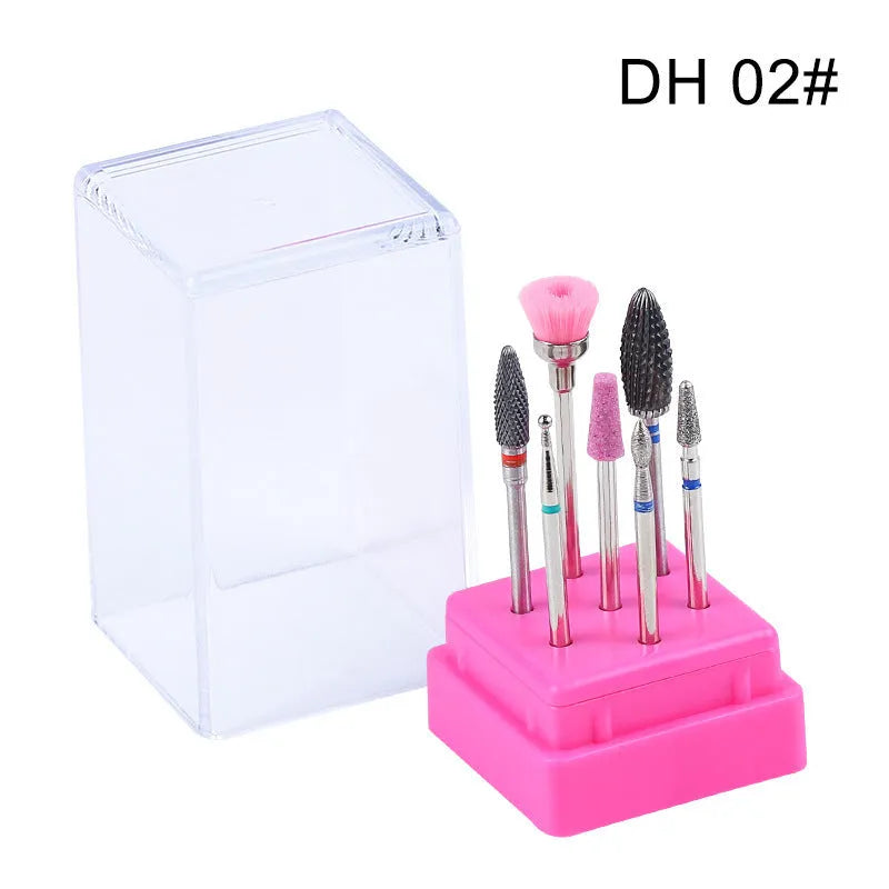 Tungsten steel nail drill polishing head set with 6 bits and 1 brush in transparent case