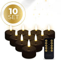Four black S10 LED flameless tealight candles showing size and uniform design.