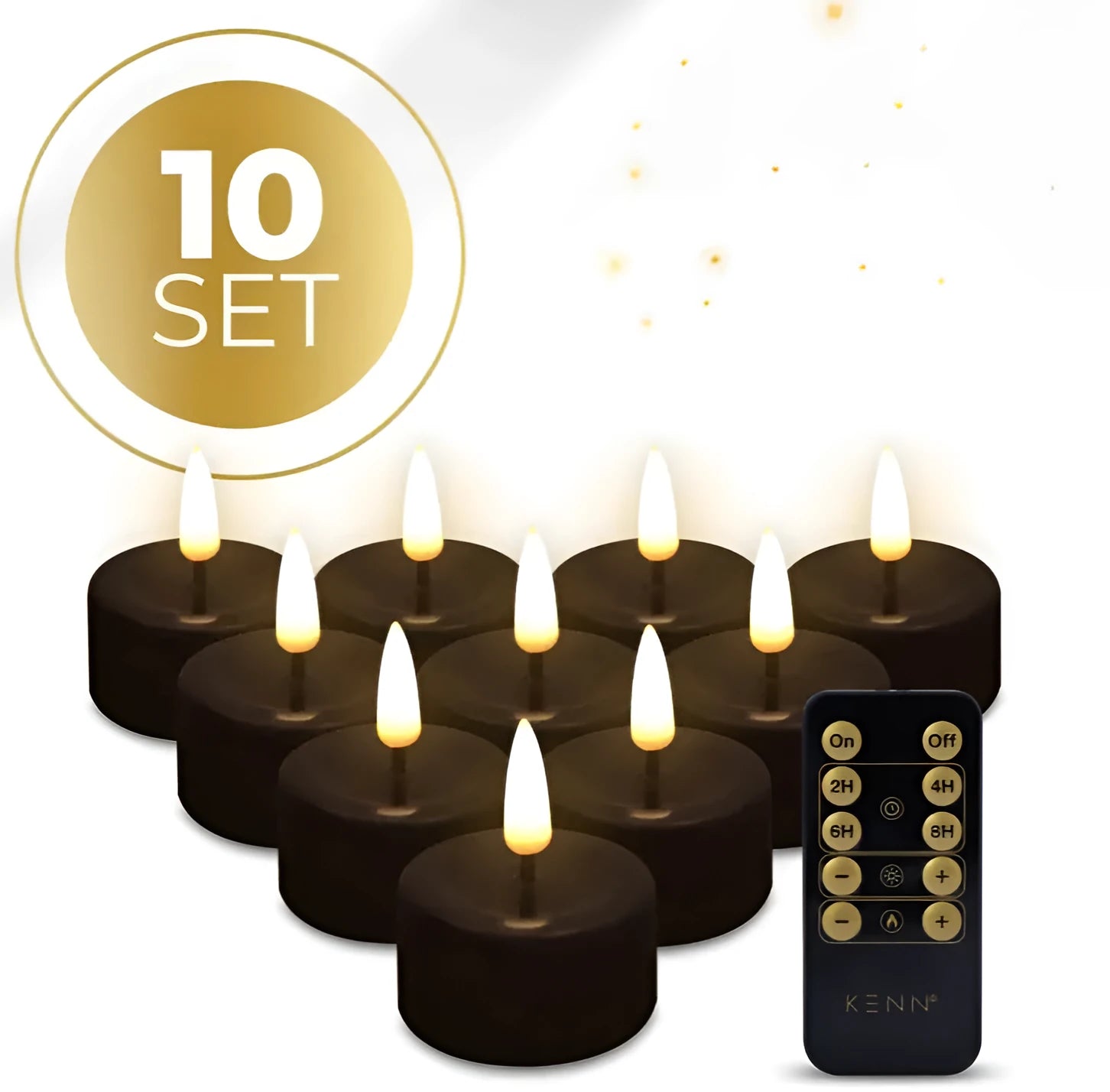Four black S10 LED flameless tealight candles showing size and uniform design.