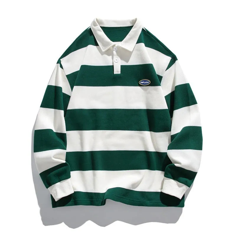 Hong Kong style striped lapel polo shirt in pearl cotton, shown in loose fit on a model.