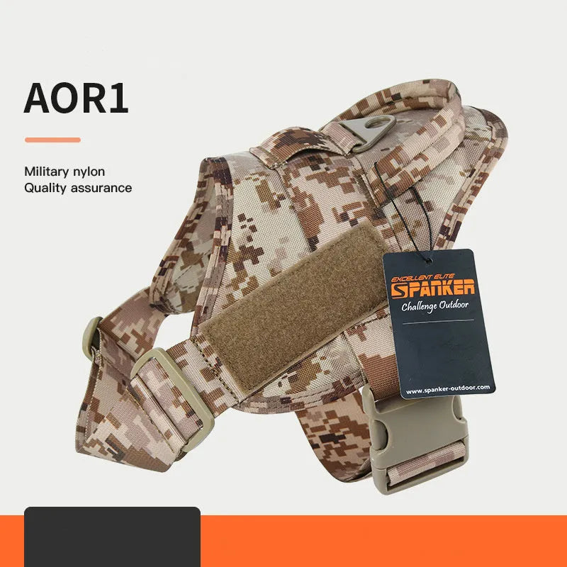 1050D nylon large medium dog harness with UTX buckle and military webbing on grey background