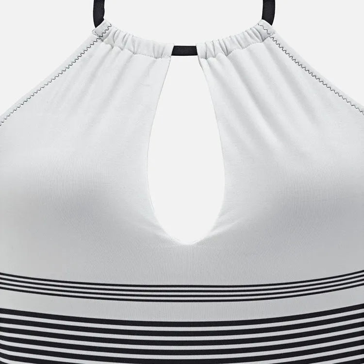 Black striped one-piece swimsuit for women made from nylon fabric, front view