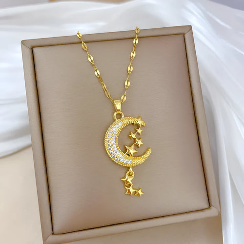 A218 stainless steel necklace with copper geometric moon pendant and diamond detailing