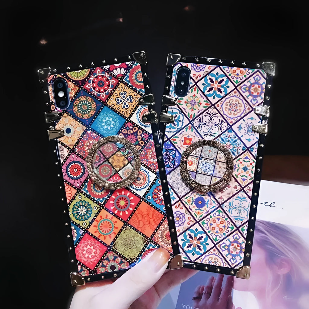 Samsung S8 mobile phone case with silicone sheath texture, bohemian style blue light mirror frame, and luxury square protective silhouette