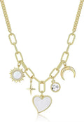 Gold alloy heart-shaped pendant necklace with inlaid zircon moon and star on bamboo chain