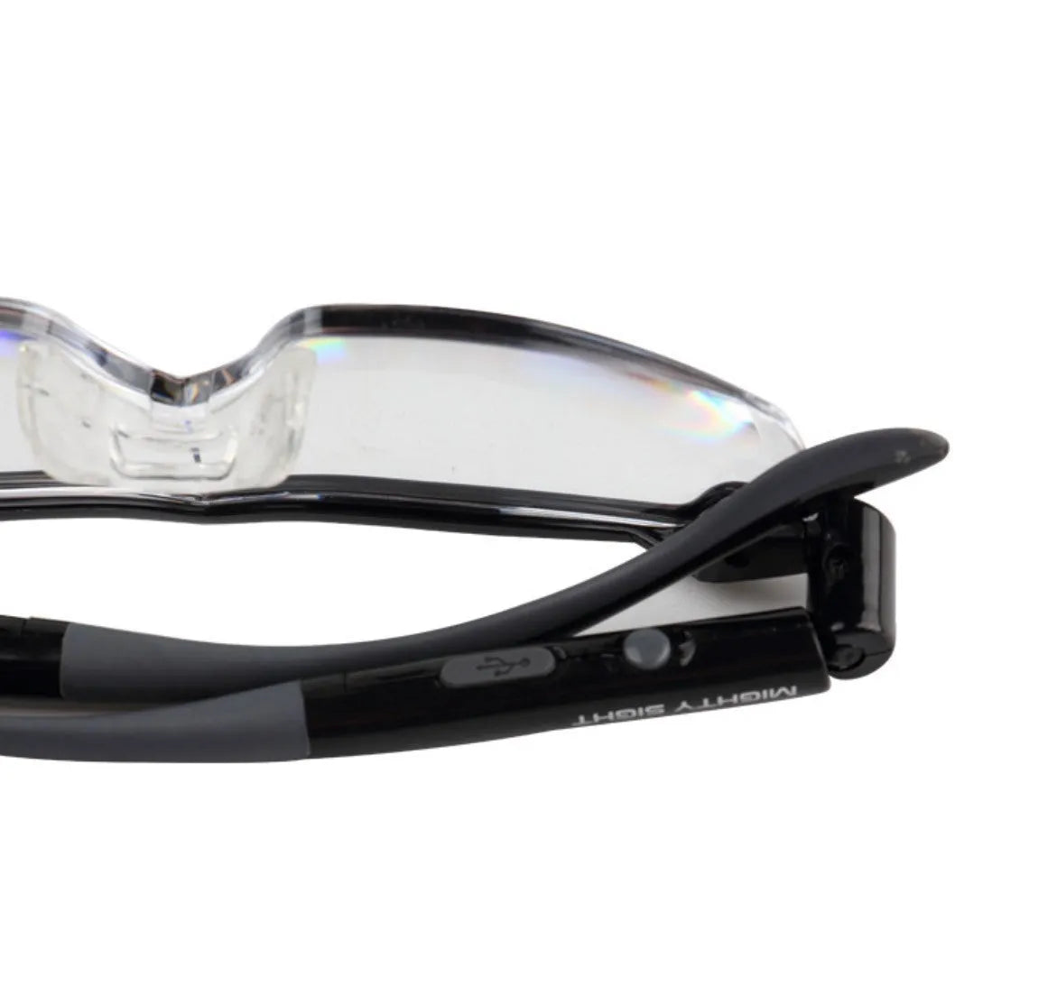Transparent black USB reading glasses with integrated LED lights on the frame.