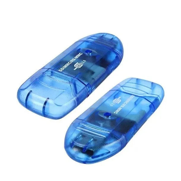 Transparent plastic USB card reader with integrated card holder compartment showing USB 2.0 connector