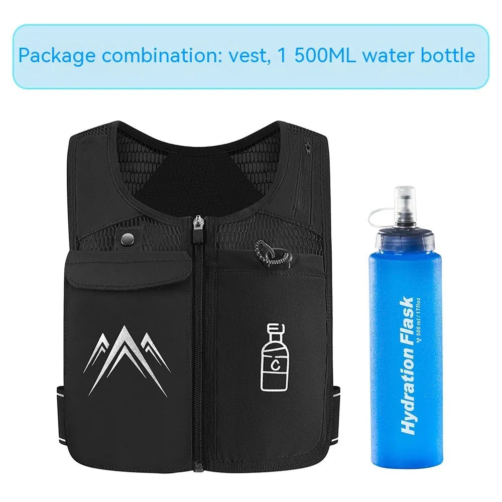 Black breathable mesh running vest with front phone pocket and optional shoulder hydration flask.