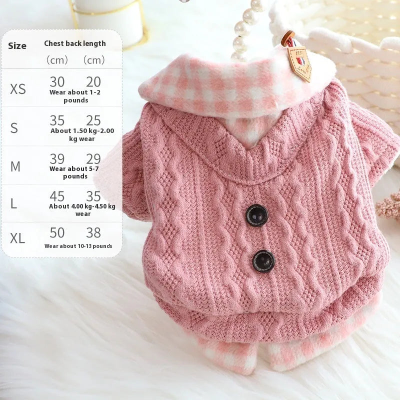 Blue wool plaid dog sweater with fleece lining shown in medium size on mannequin