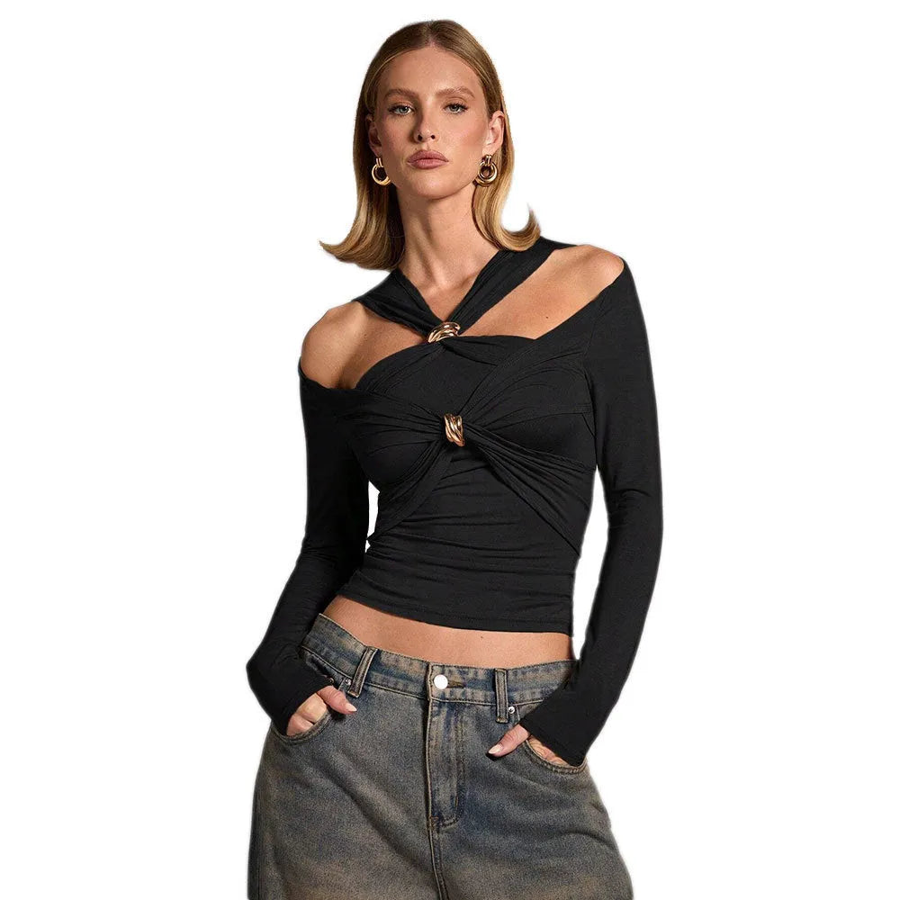 Black women's halter top with shoulder-baring design and slim fit silhouette