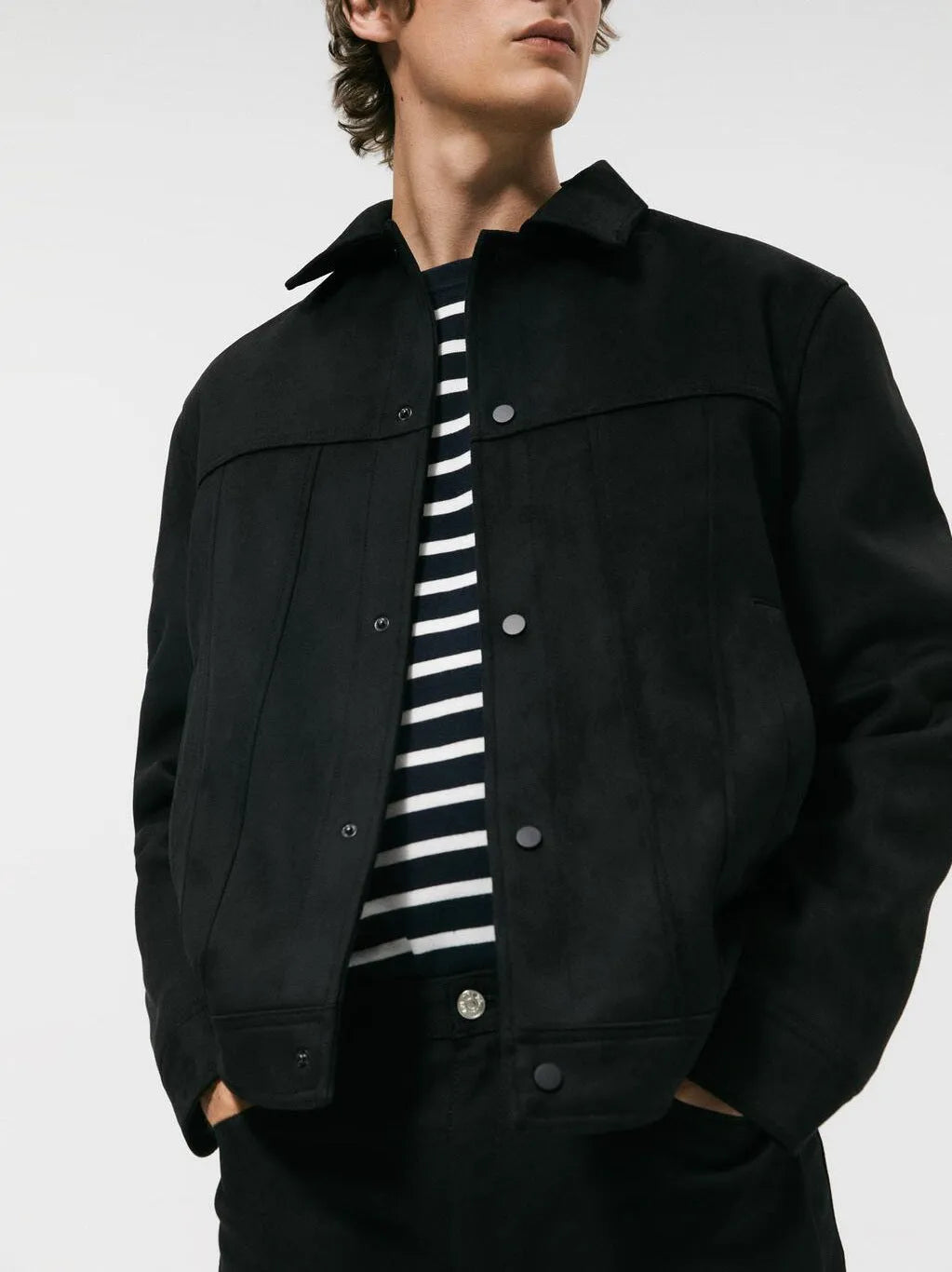 Men's black hooded jacket with suede collar and side seam pockets
