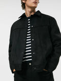 Men's black hooded jacket with suede collar and side seam pockets