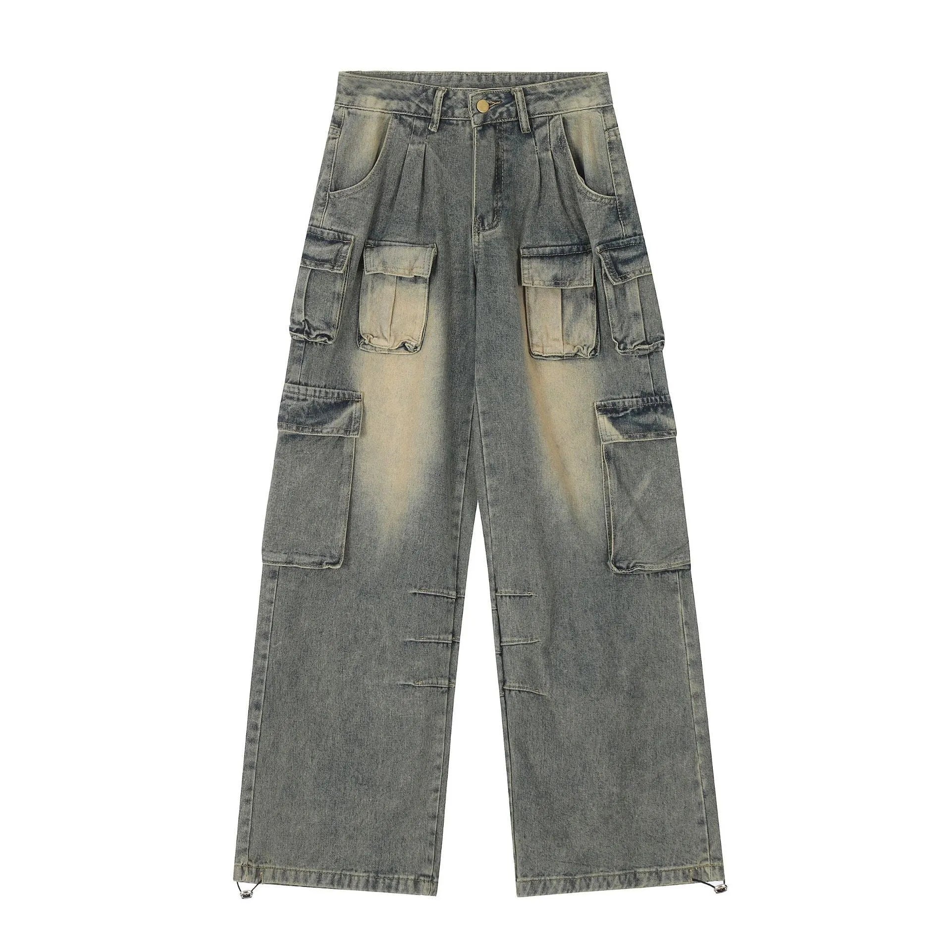 Loose fit distressed denim jeans with multiple pockets in light blue wash