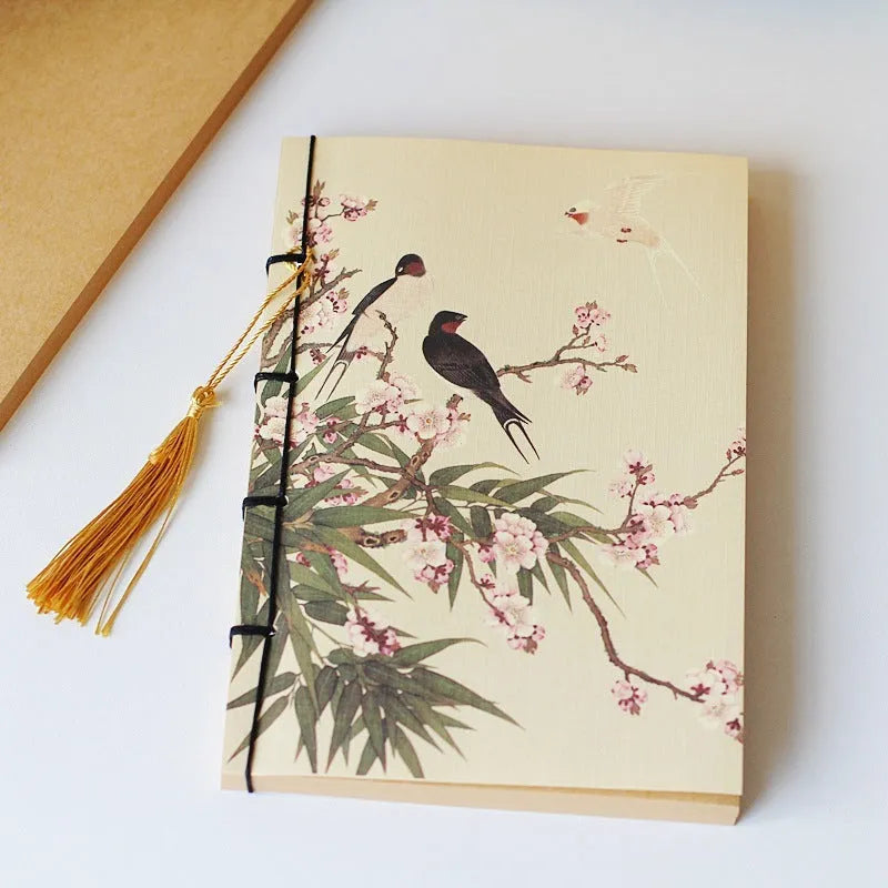 A5 antique wire-bound notebook with retro painting cover, wax rope binding, and tassels