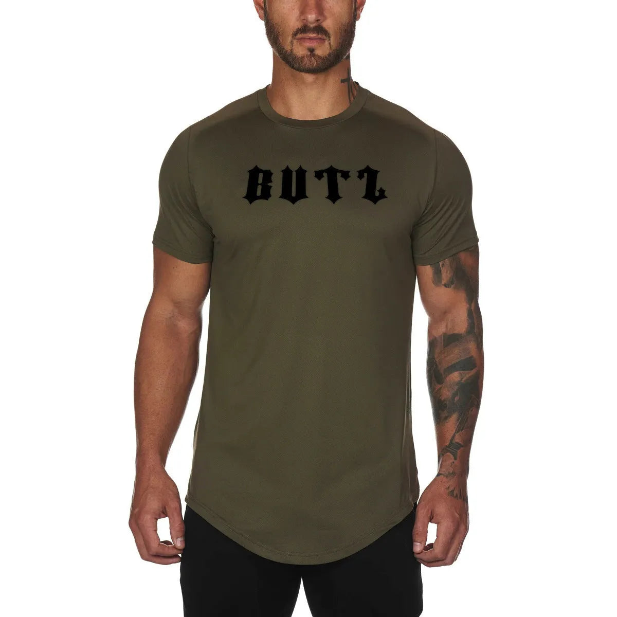 Men's custom plain gym shirt in cotton spandex blend with optional letter print, shown in multiple colour options.