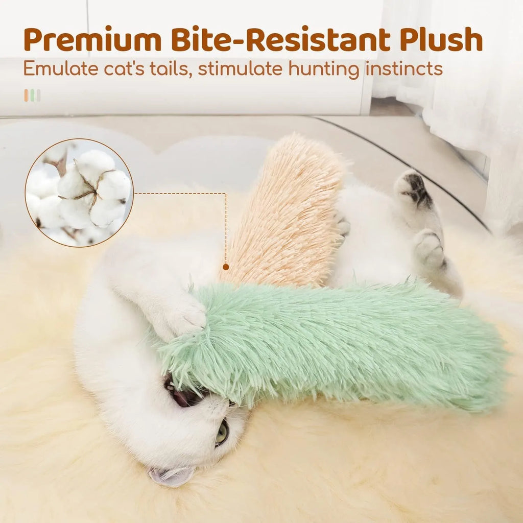 A blue plush cat toy pillow measuring 27cm long on a white background.