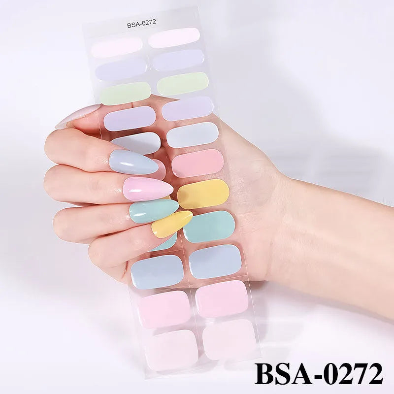 No-bake gel nail sticker set with alcohol swabs, nail file, and wooden stick on cardboard backing, showing various patterns