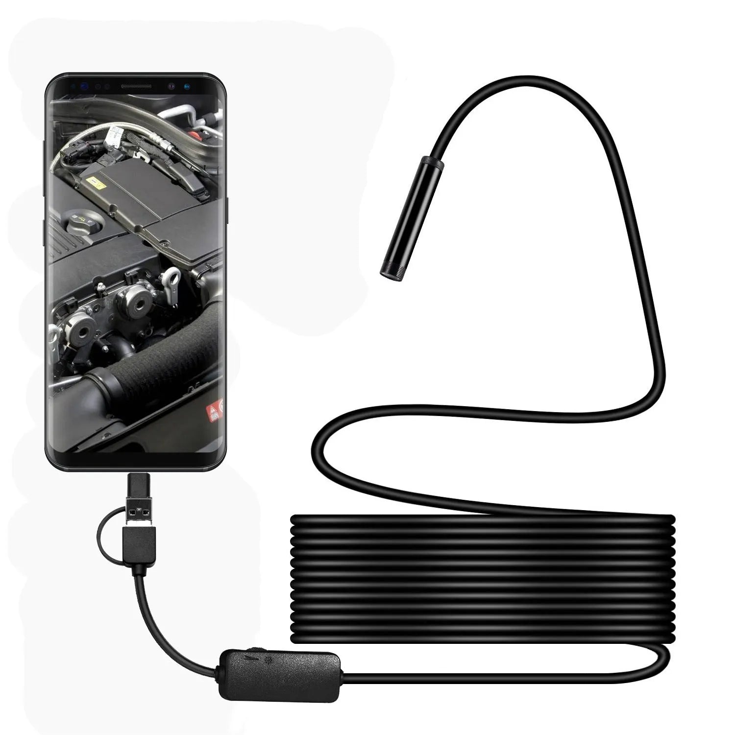 Black three-in-one Type-C USB Android endoscope with 5.5mm probe and coiled cable