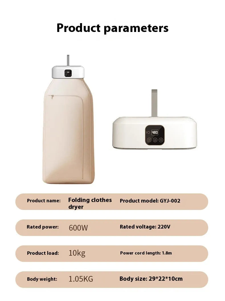 White cylindrical compact foldable laundry dryer with remote control on a table.