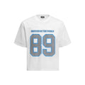 Casual loose-fitting T-shirt in white or black polyester chemical fibre blend fabric with short sleeves