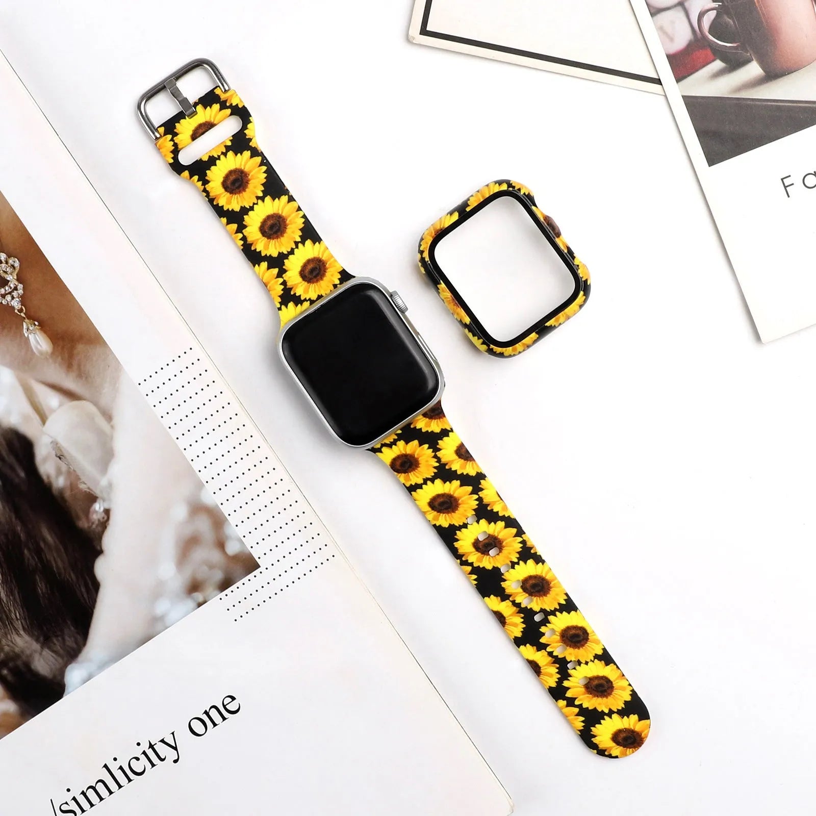 Printed silicone strap for Apple Watch showing design options and size variations