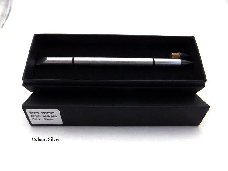 Silver inkless metal pen with 0.5mm nib, spare nib, and black pen bag on wooden table.