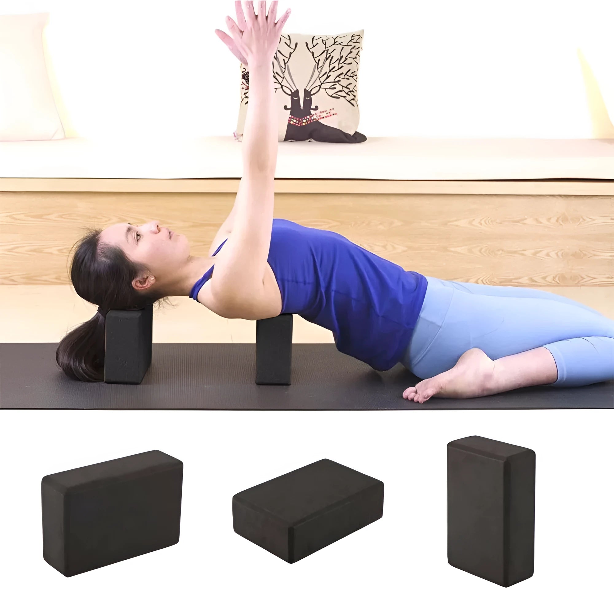 Pure colour EVA yoga brick, thick non-slip mat, and cotton tension band on a floor, in blue, purple, pink, red, black, gray
