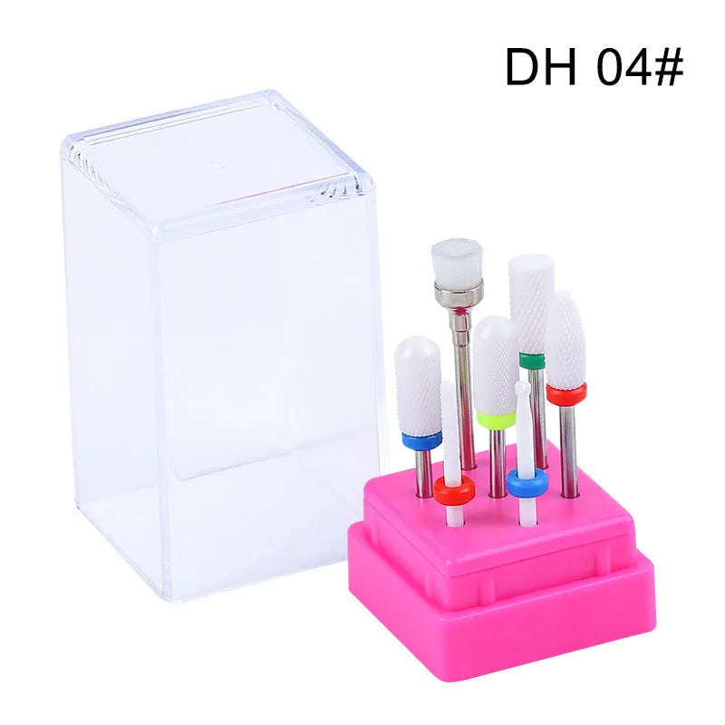 Tungsten steel nail drill polishing head set with 6 bits and 1 brush in transparent case