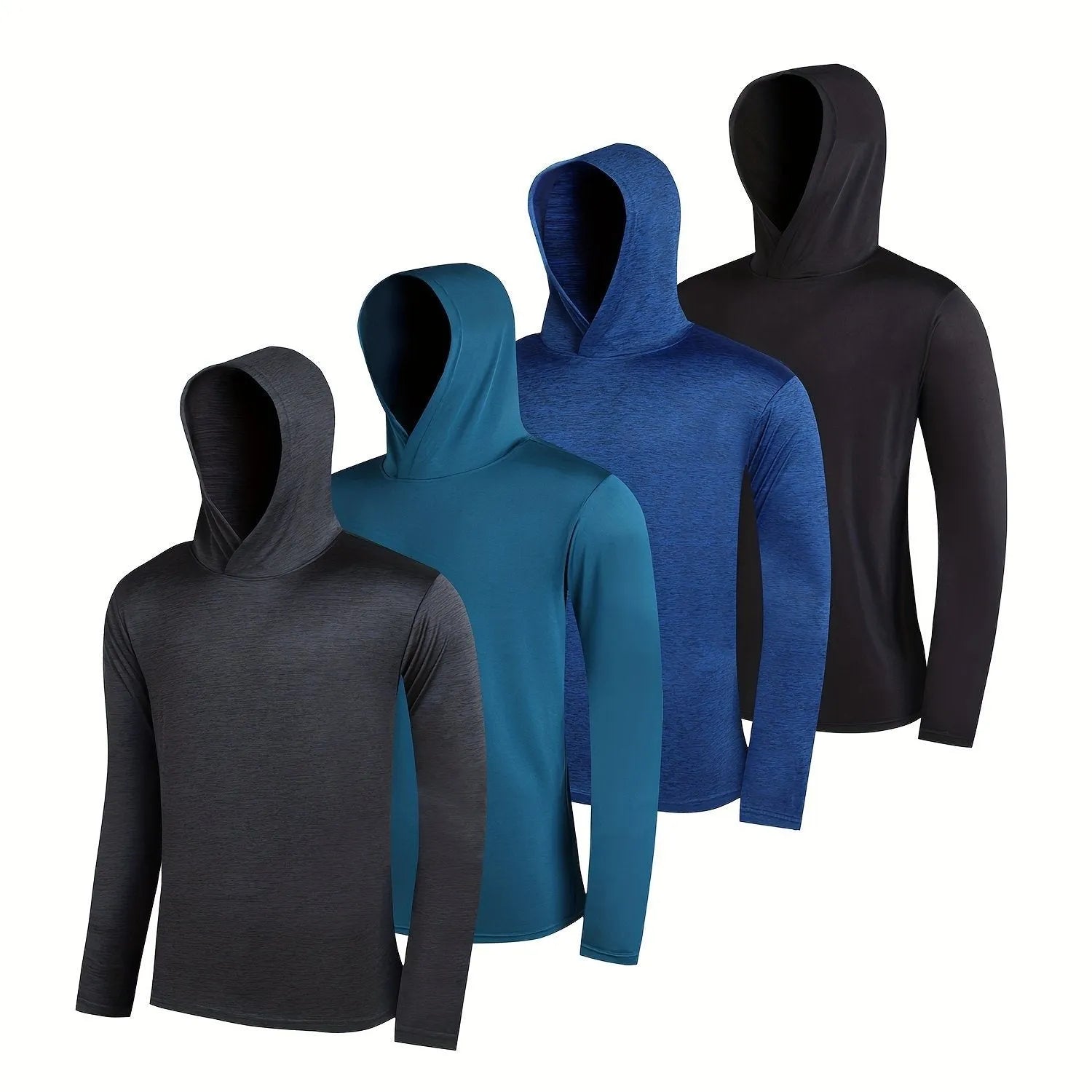 Four men's lightweight polyester hoodies folded together, showcasing elastic fabric and available colour options.
