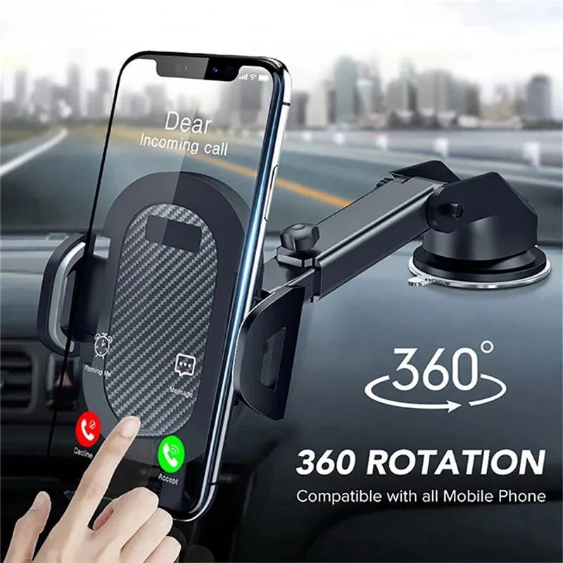 Black adjustable car phone holder showing width adjustment from 58mm to 80mm
