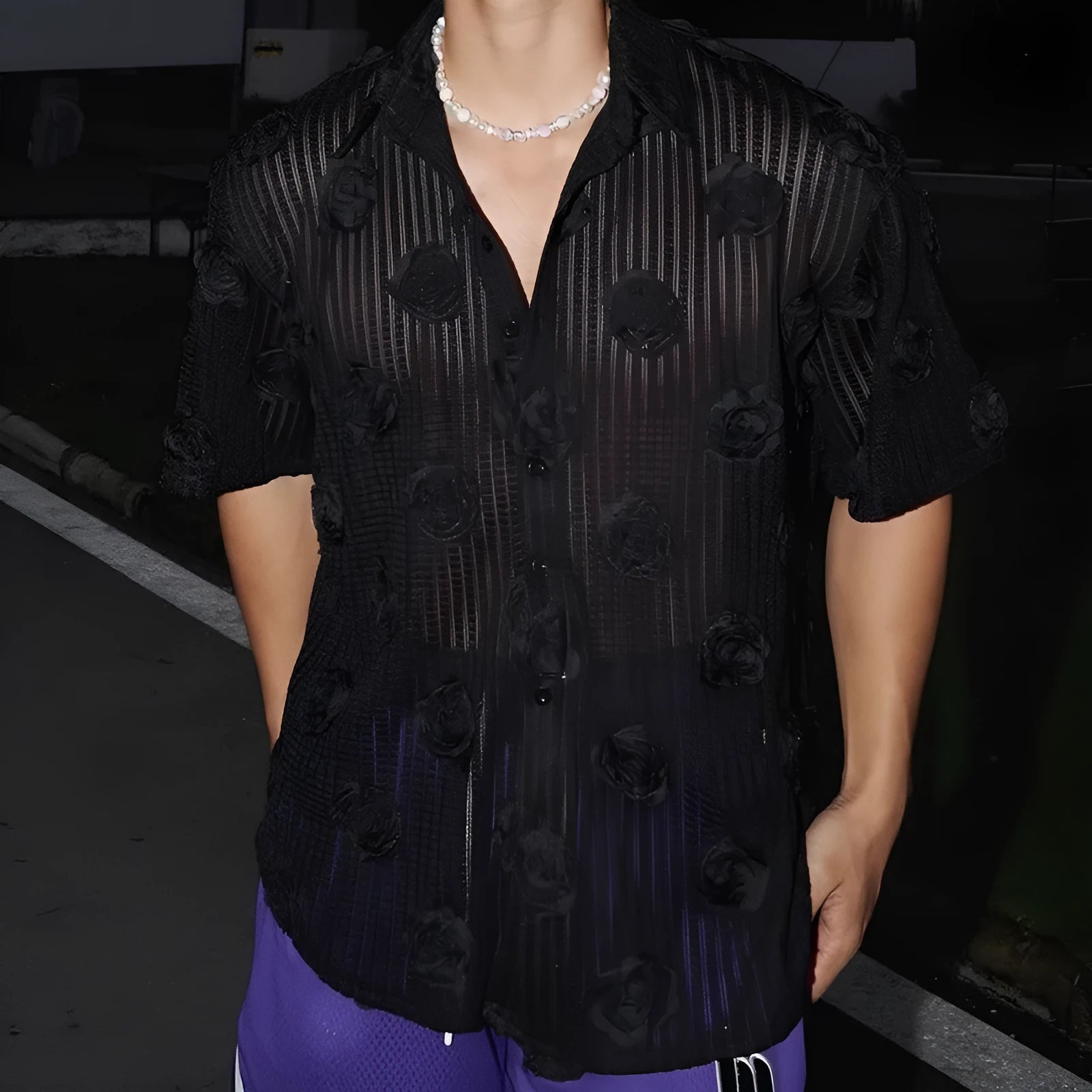 Heavy industry floral print loose fit shirt for plus size men in polyester blend fabric
