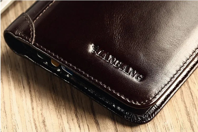 Men's leather wallet showing internal compartments for banknotes, cards, coins, and documents
