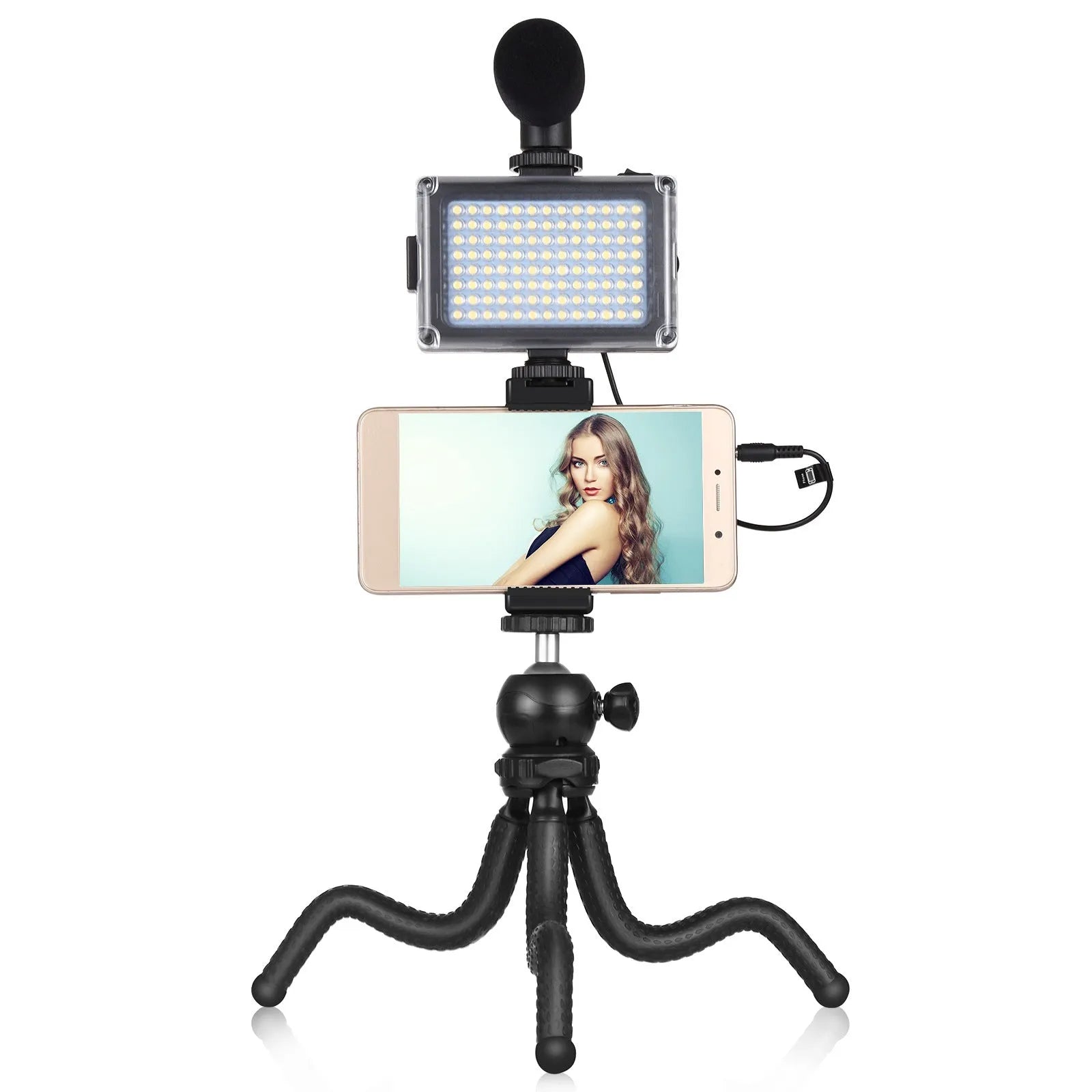 Black octopus tripod with flexible legs and a fill light microphone, shown mounted on a post.