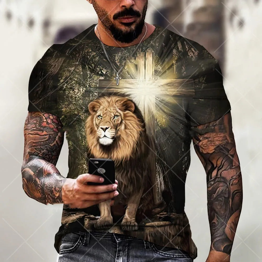 Men's 3D printed Jesus pattern T-shirt in breathable polyester fabric showing front graphic detail