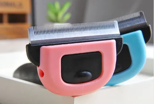 Pet hair removal comb for long straight hair pets in three sizes S M L and blue or pink colour options