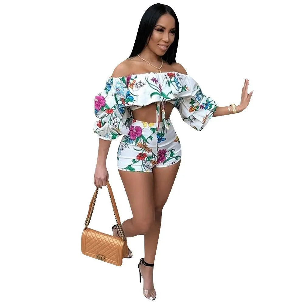 Women's multicolour digital printed two-piece pants suit with pile sleeves and matching shorts